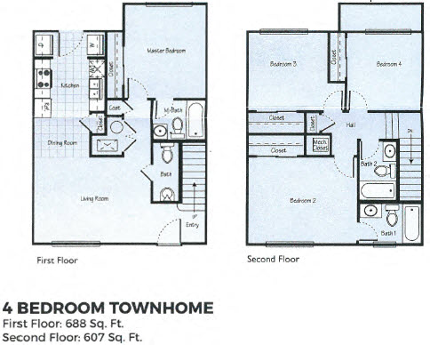 Floor plan for 4 beds, 3.5 baths, 1295 sqft